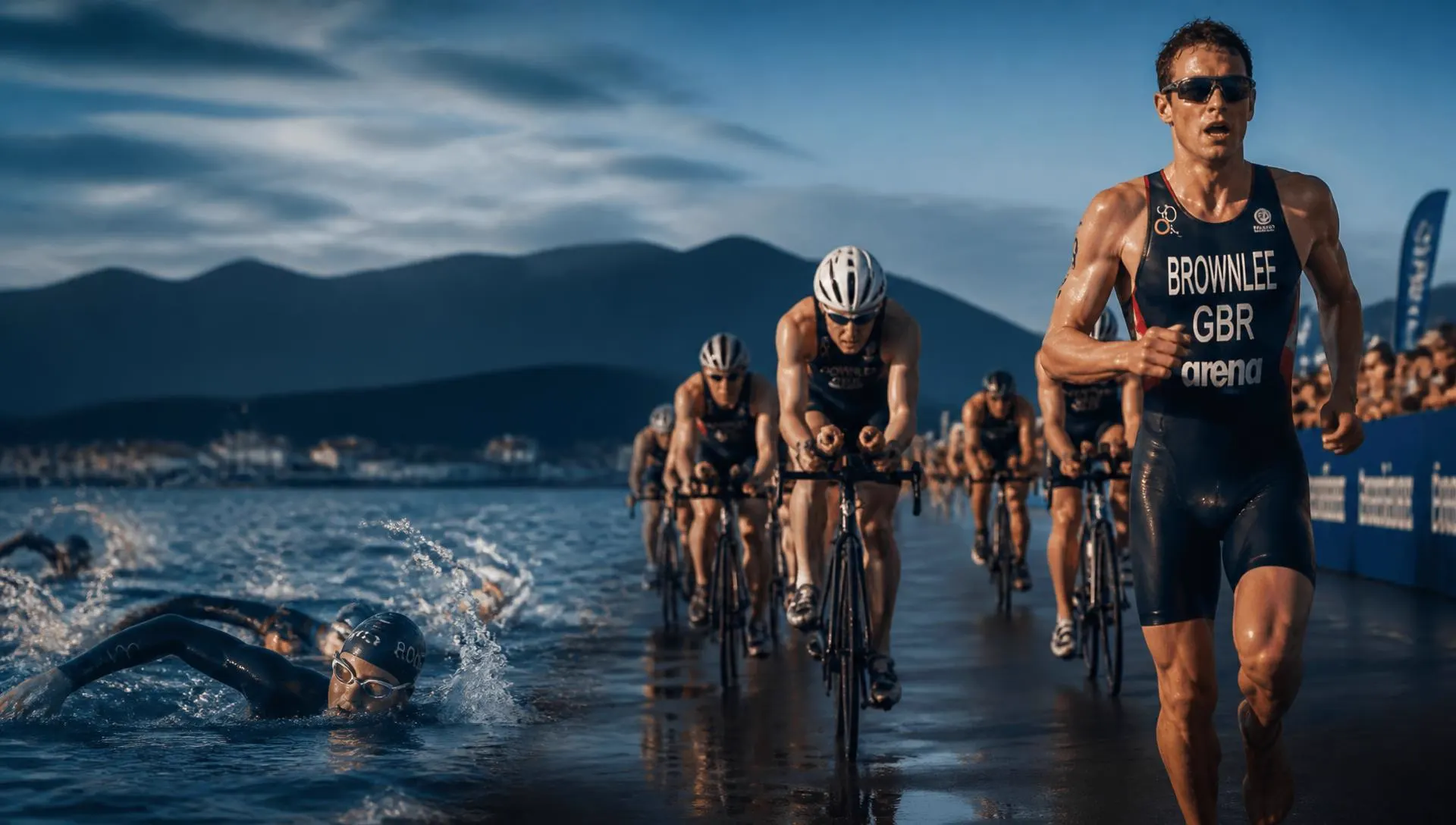 Triathletes swimming, cycling and running during a race
